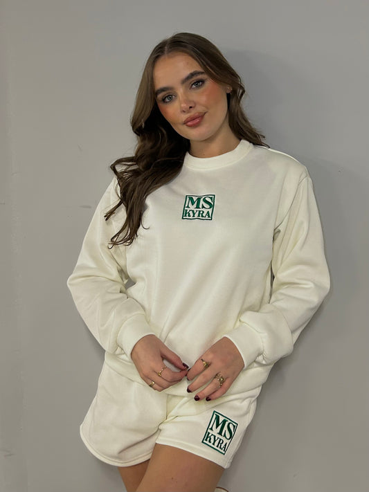 Miskyra Embroidered Sweatshirt & Shorts Set - Cream