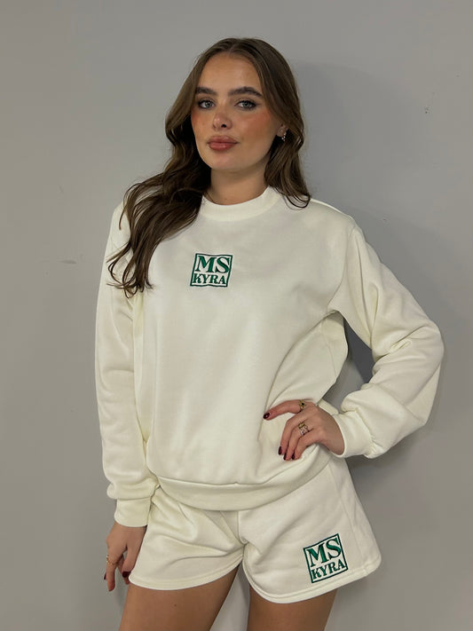 Miskyra Embroidered Sweatshirt & Shorts Set - Cream