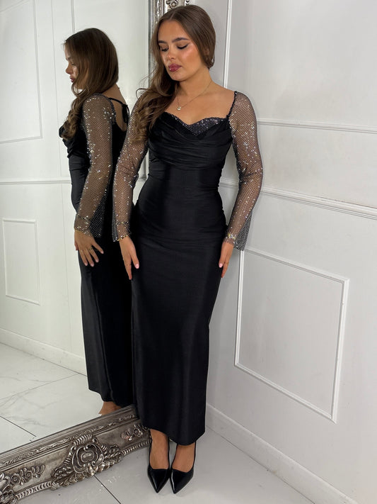 Cowl neck Chainmail Contrast maxi Dress - Black