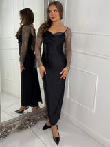 Cowl neck Chainmail Contrast maxi Dress - Black