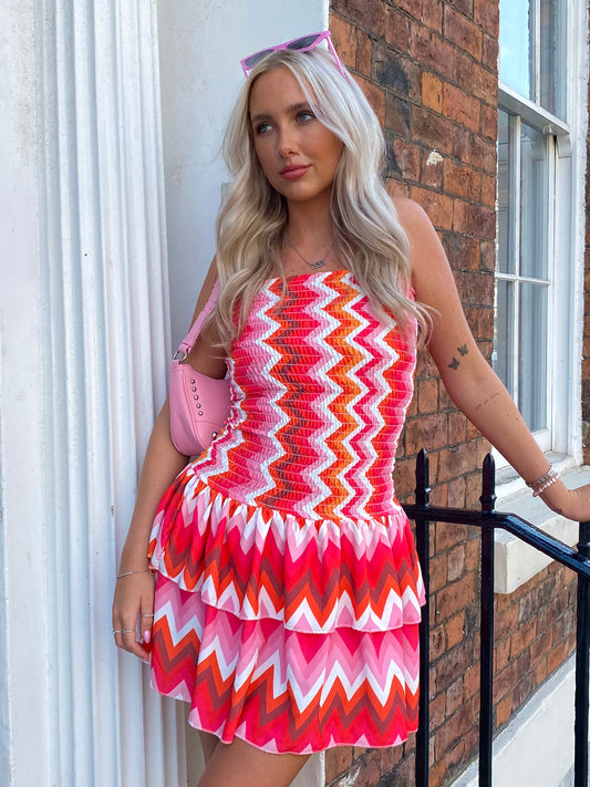 Strapless Gypsy Skirt Dress - Orange/Pink ZigZag Print