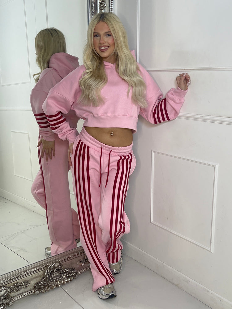 Front Stripe Detail Joggers & Cropped Hoodie Tracksuit - Baby Pink/Wine