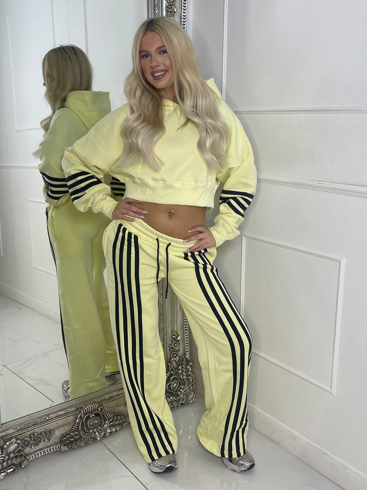 Front Stripe Detail Joggers & Cropped Hoodie Tracksuit - Yellow/Black