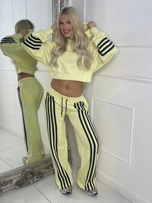 Front Stripe Detail Joggers & Cropped Hoodie Tracksuit - Yellow/Black