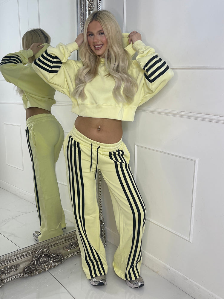 Front Stripe Detail Joggers & Cropped Hoodie Tracksuit - Yellow/Black