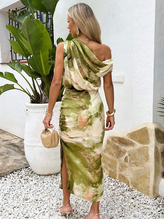 Marble Print Off The Shoulder Midi Dress - Lime Green