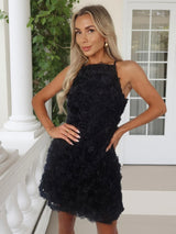 Rose Textured Racer Neck Slip Mini Dress - Black