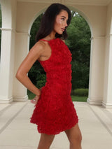 Rose Textured Racer Neck Slip Mini Dress - Red