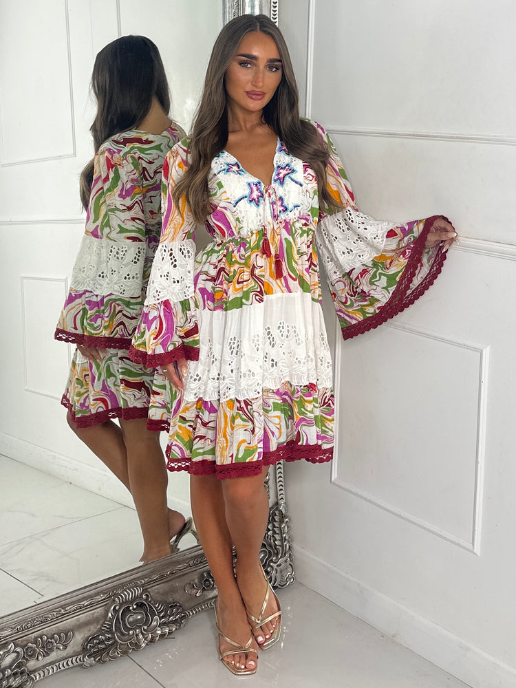Marble Bead Detailed V Neck Boho Dress - Multi 1