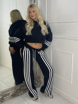 Front Stripe Detail Joggers & Cropped Hoodie Tracksuit - Black/White