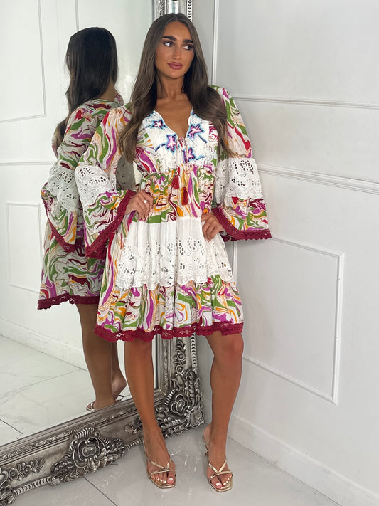 Marble Bead Detailed V Neck Boho Dress - Multi 1