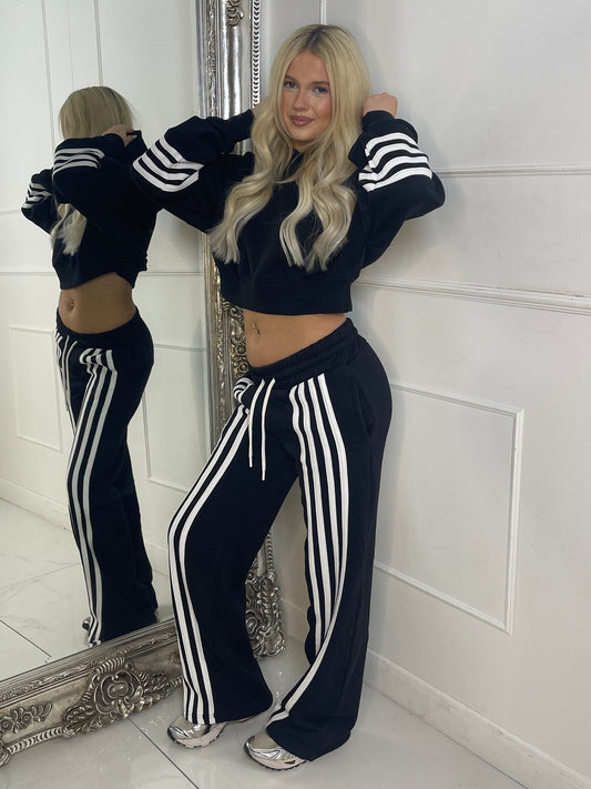 Front Stripe Detail Joggers & Cropped Hoodie Tracksuit - Black/White