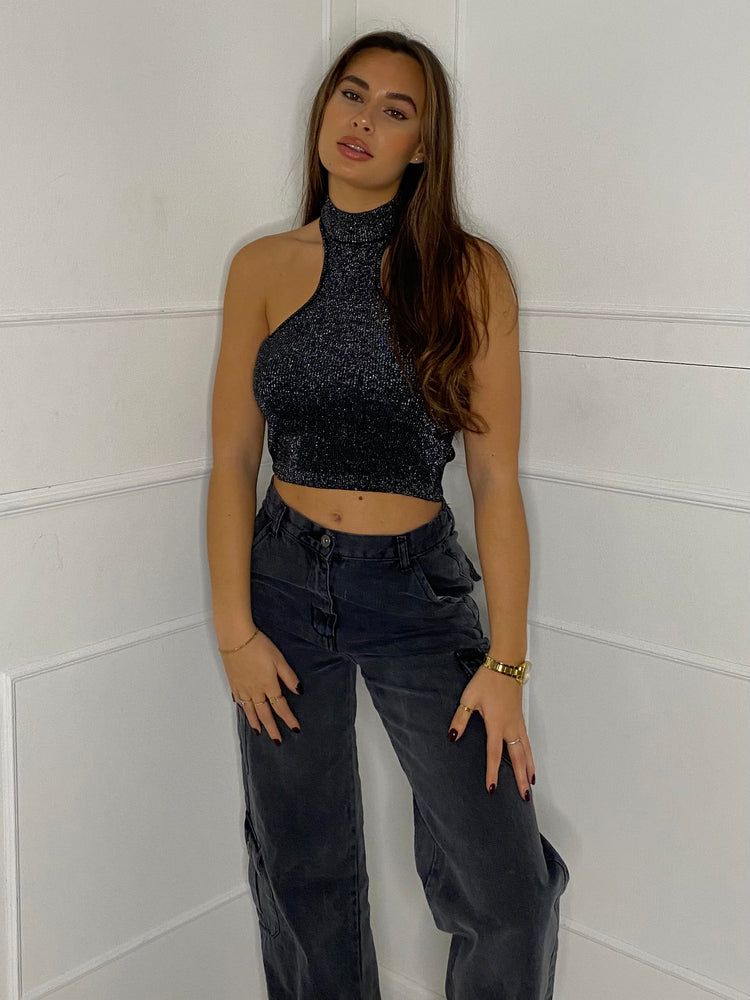 Racer Detail Knitted Crop Top - Black