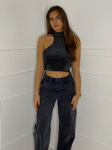 Racer Detail Knitted Crop Top - Black