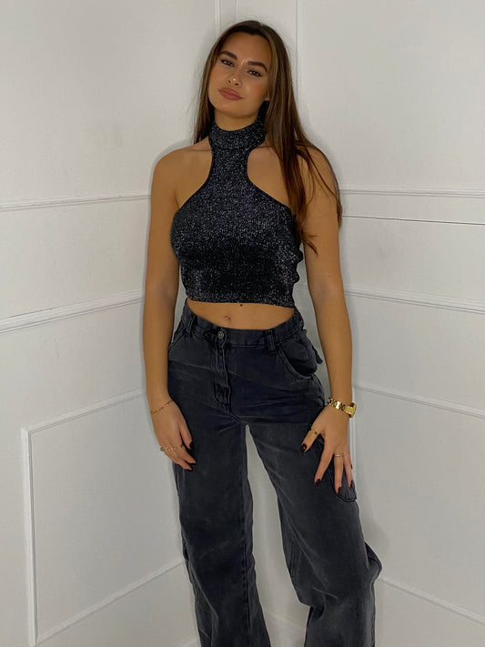 Racer Detail Knitted Crop Top - Black