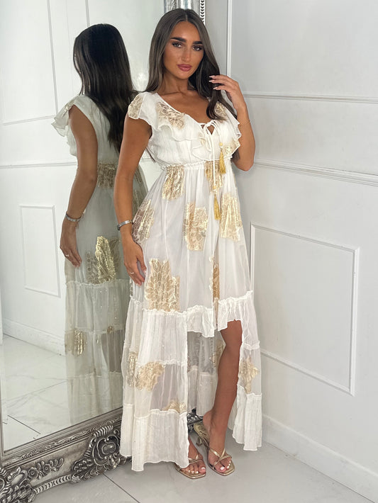 Sleeveless Gold Detail Tassel Front Boho Dress - White