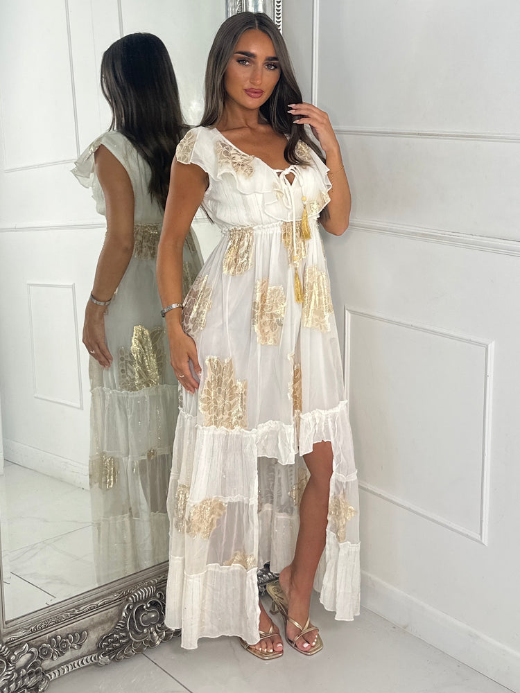 Sleeveless Gold Detail Tassel Front Boho Dress - White