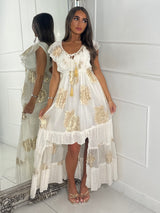 Sleeveless Gold Detail Tassel Front Boho Dress - White