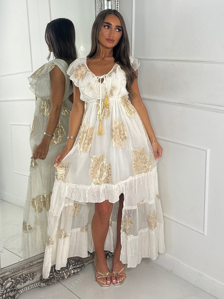 Sleeveless Gold Detail Tassel Front Boho Dress - White