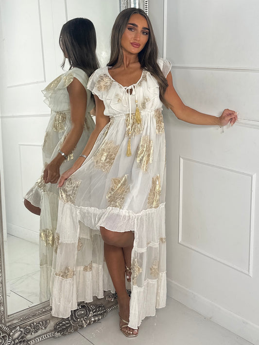Sleeveless Gold Detail Tassel Front Boho Dress - White