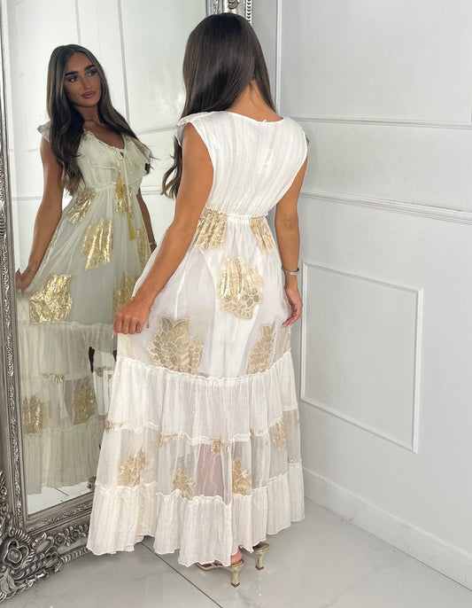 Sleeveless Gold Detail Tassel Front Boho Dress - White