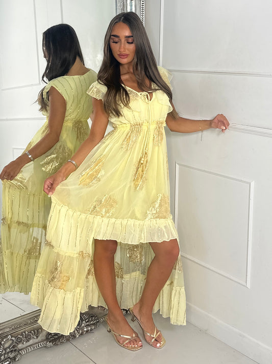 Sleeveless Gold Detail Tassel Front Boho Dress - Lemon Yellow