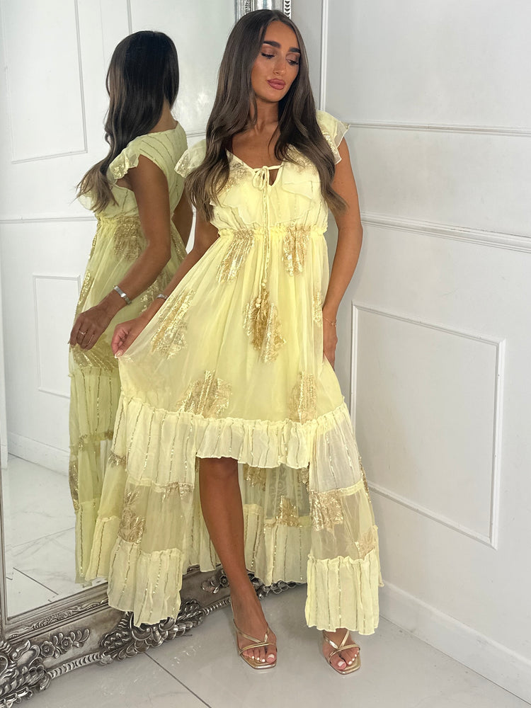 Sleeveless Gold Detail Tassel Front Boho Dress - Lemon Yellow