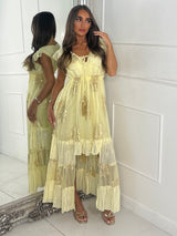 Sleeveless Gold Detail Tassel Front Boho Dress - Lemon Yellow