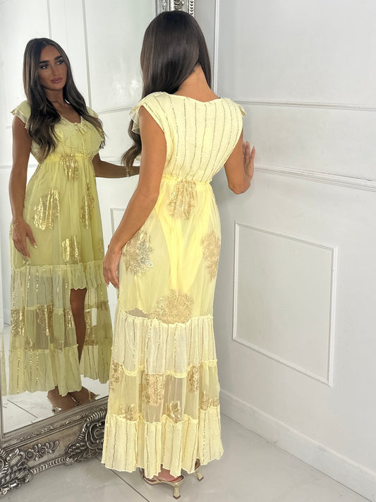 Sleeveless Gold Detail Tassel Front Boho Dress - Lemon Yellow