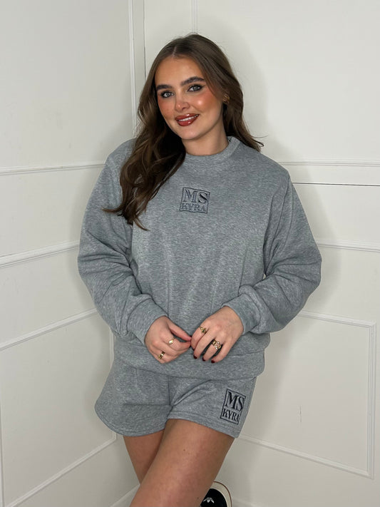 Miskyra Embroidered Sweatshirt & Shorts Set - Grey