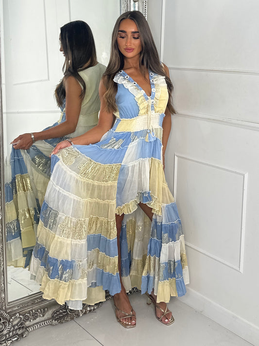 Asymmetric Front Embellished Boho Maxi Dress - Baby Blue/Yellow