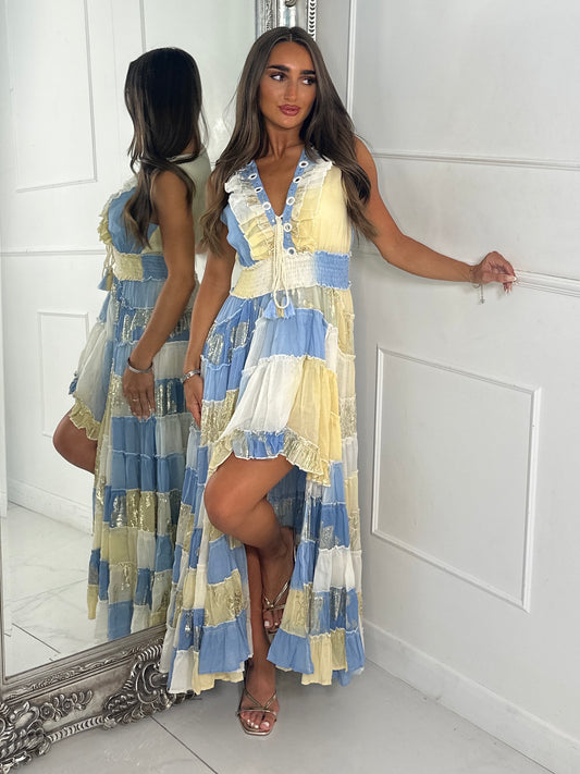 Asymmetric Front Embellished Boho Maxi Dress - Baby Blue/Yellow