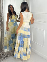 Asymmetric Front Embellished Boho Maxi Dress - Baby Blue/Yellow