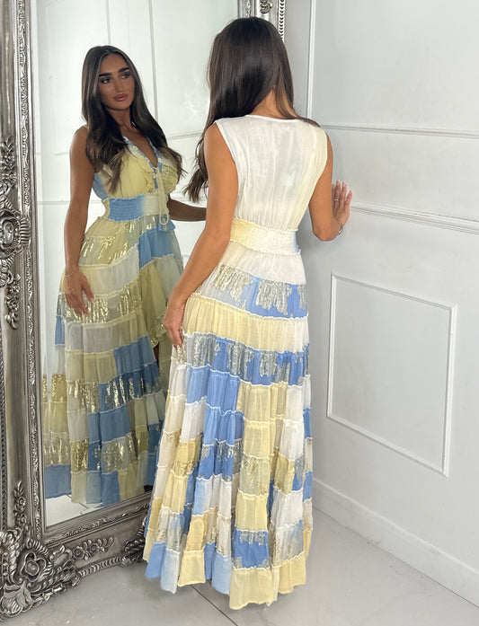 Asymmetric Front Embellished Boho Maxi Dress - Baby Blue/Yellow