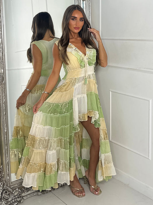 Asymmetric Front Embellished Boho Maxi Dress - Lime/Beige