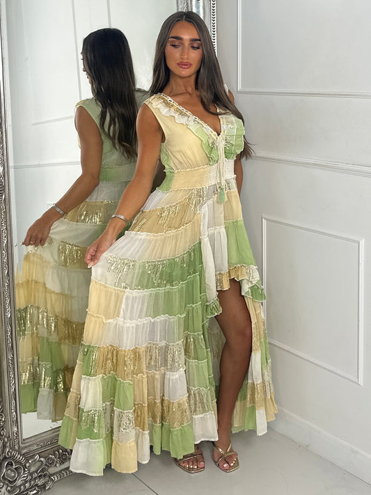 Asymmetric Front Embellished Boho Maxi Dress - Lime/Beige