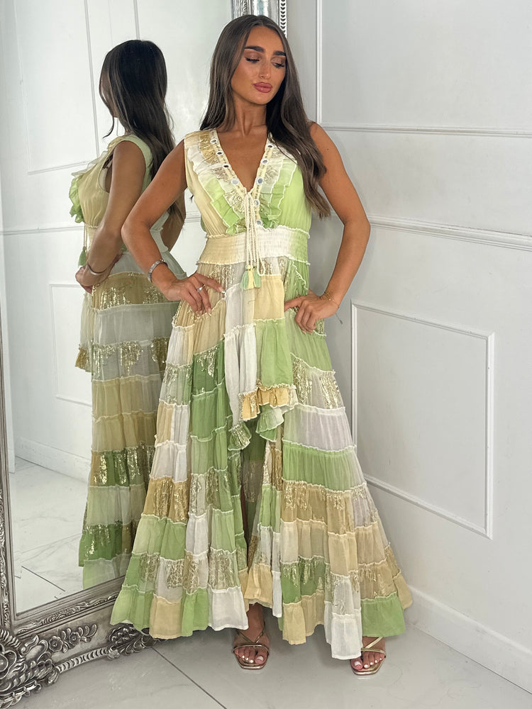 Asymmetric Front Embellished Boho Maxi Dress - Lime/Beige
