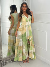 Asymmetric Front Embellished Boho Maxi Dress - Lime/Beige