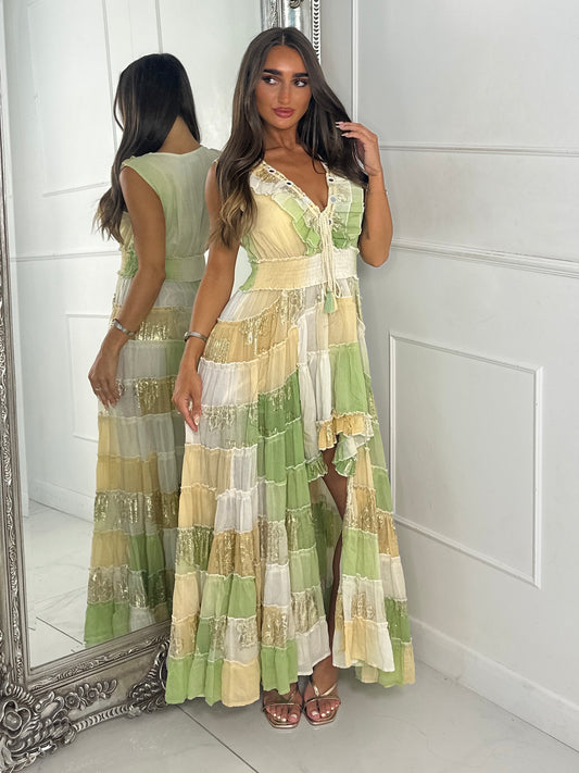 Asymmetric Front Embellished Boho Maxi Dress - Lime/Beige