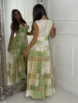 Asymmetric Front Embellished Boho Maxi Dress - Lime/Beige