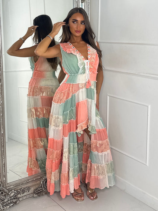 Asymmetric Front Embellished Boho Maxi Dress - Pink/Teal