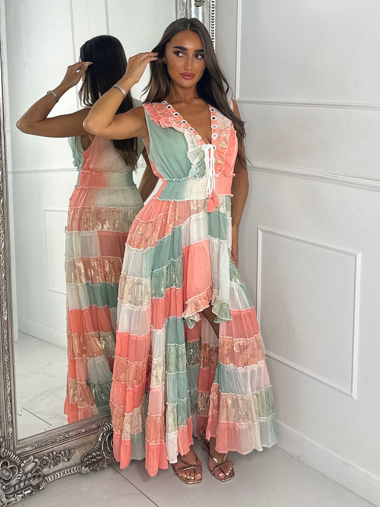 Asymmetric Front Embellished Boho Maxi Dress - Pink/Teal