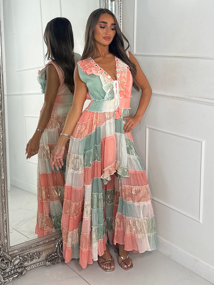Asymmetric Front Embellished Boho Maxi Dress - Pink/Teal