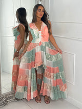 Asymmetric Front Embellished Boho Maxi Dress - Pink/Teal