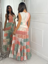 Asymmetric Front Embellished Boho Maxi Dress - Pink/Teal