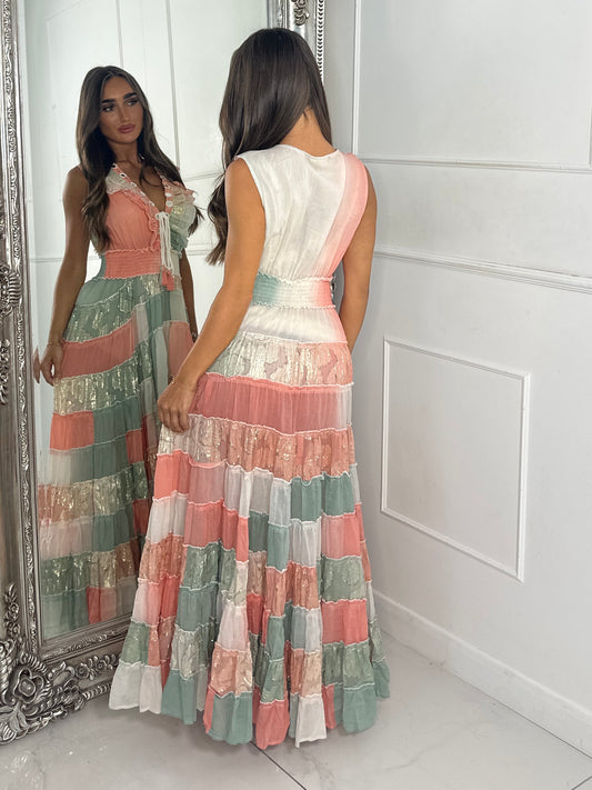 Asymmetric Front Embellished Boho Maxi Dress - Pink/Teal