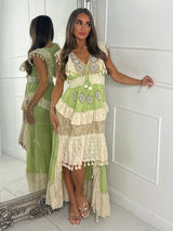 Asymmetric Front Embellished Boho Maxi Dress - Green
