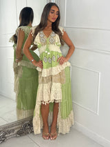 Asymmetric Front Embellished Boho Maxi Dress - Green