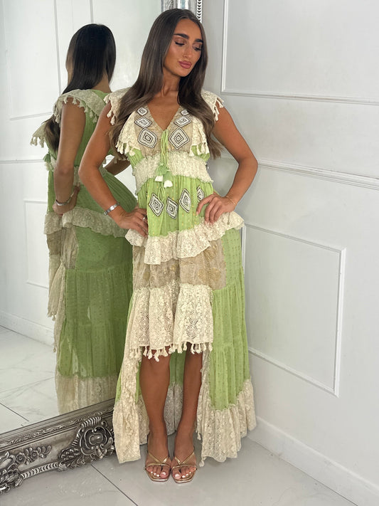 Asymmetric Front Embellished Boho Maxi Dress - Green