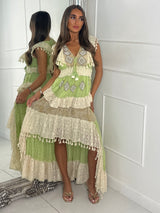 Asymmetric Front Embellished Boho Maxi Dress - Green